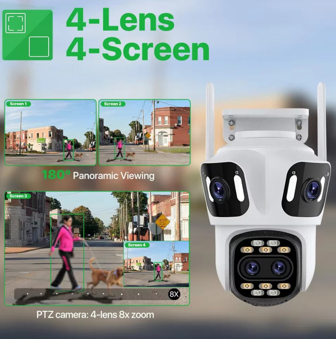 WiFi-s megfigyelőkamera, Bluetooth, P15-8X, Ultra HD, 4 lencse, széles látószög, 8x zoom, éjjellátó, automatikus követés, kétirányú hang, mozgásérzékelés, kártyahely