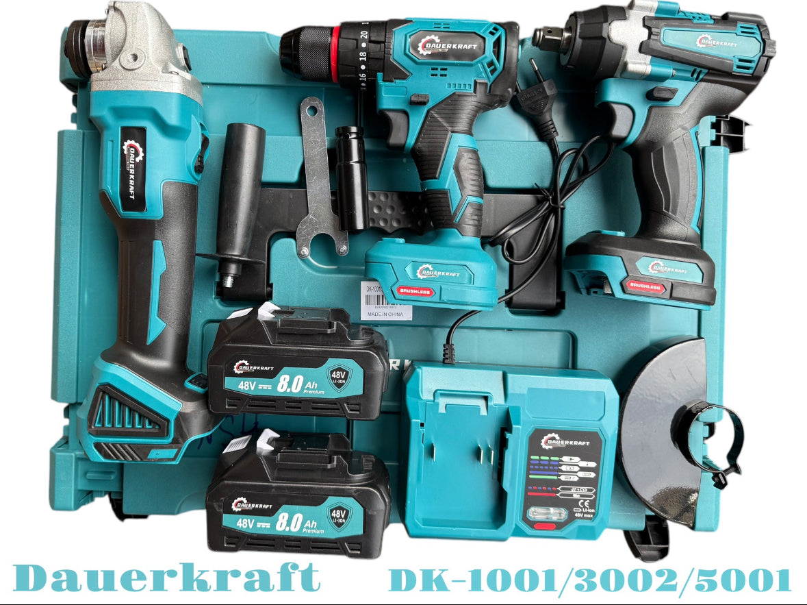 Dauerkraft 3 in 1 szerszámszett. sarokcsiszoló, ütve csavarozó és fúró 2db akkumulátorral 8 Ah DK-1001 DK-3002 DK-5001