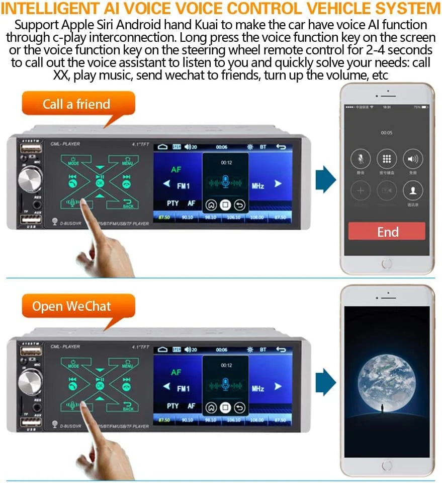 Car Smart AI Voice Player - 4,1 hüvelykes TFT érintőképernyős autós multimédia lejátszó