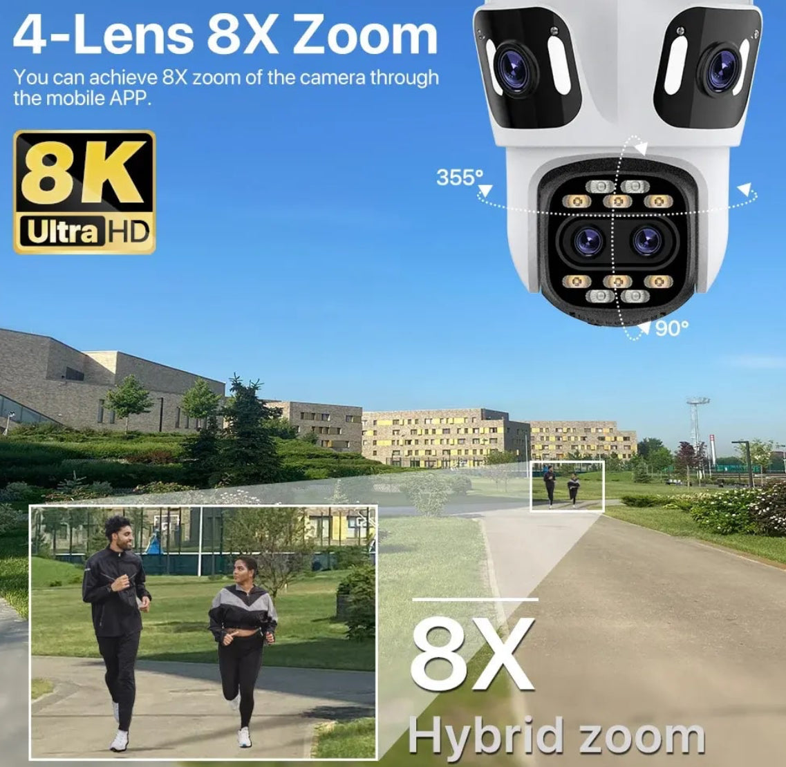 WiFi-s megfigyelőkamera, Bluetooth, P15-8X, Ultra HD, 4 lencse, széles látószög, 8x zoom, éjjellátó, automatikus követés, kétirányú hang, mozgásérzékelés, kártyahely