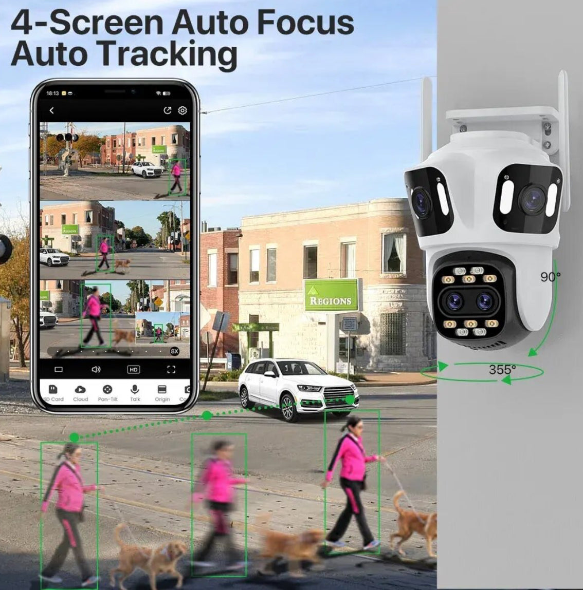 WiFi-s megfigyelőkamera, Bluetooth, P15-8X, Ultra HD, 4 lencse, széles látószög, 8x zoom, éjjellátó, automatikus követés, kétirányú hang, mozgásérzékelés, kártyahely