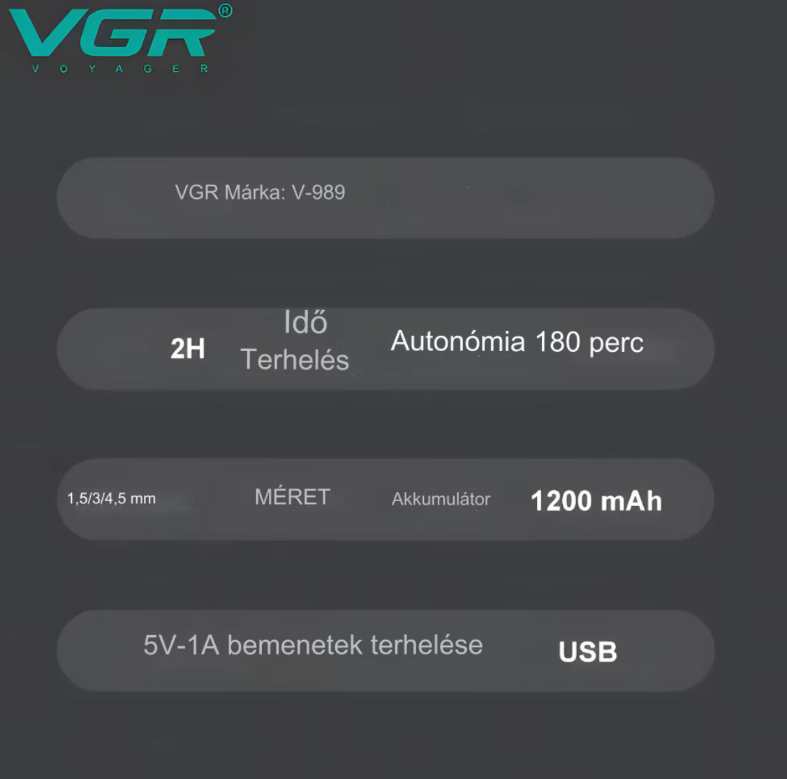 Professzionális VGR V-989 nyírógép, szakállkontúrhoz és testhez, LED-kijelző, akkumulátorral, rozsdamentes acél pengék, speciális többféle sebesség a vágáshoz és kontúrozáshoz, 3 rács 1,5 mm-es 3 mm-es 4,5 mm-es, USB-töltés, tisztítókefe és olaj, arany