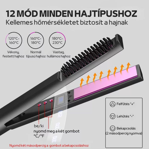 3 az 1-ben Hajvasaló, Hajformázó és Egyenesítő Fésű Állítható Hőmérséklettel, Száraz és Nedves Hajra - Szürke-Lila