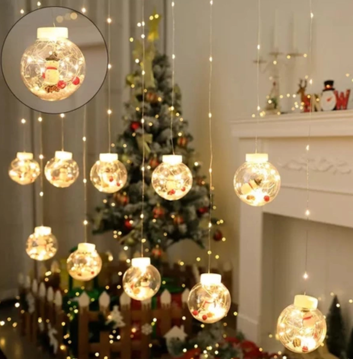 Karácsonyi LED fényfüzér gömbökkel, hóember figurákkal, hidegfehér- és melegfehér, 3m