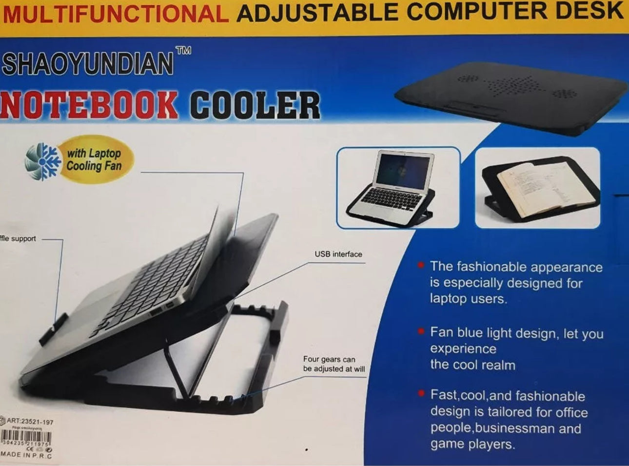 Laptop tartó állvány – hűtőpad / állítható dőlésszög / USB-ről működik