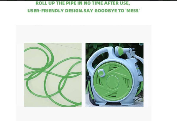 Universális Hordozható kerti tömlő és tömlőtartó 15 Méter 6 funkciós locsolófejjel