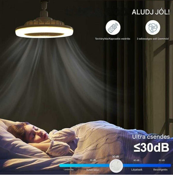 Ultra-csendes Multifunkciós Szabályozható LED Ventilátor Lámpa E27 Foglalattal és Távirányítóval (Ø 24 cm, 21W, 5 Lapátos Erős Légáram)
