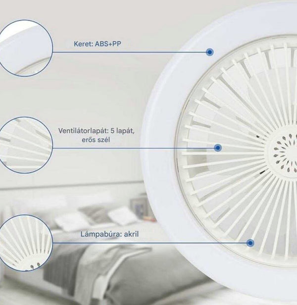 Ultra-csendes Multifunkciós Szabályozható LED Ventilátor Lámpa E27 Foglalattal és Távirányítóval (Ø 24 cm, 21W, 5 Lapátos Erős Légáram)