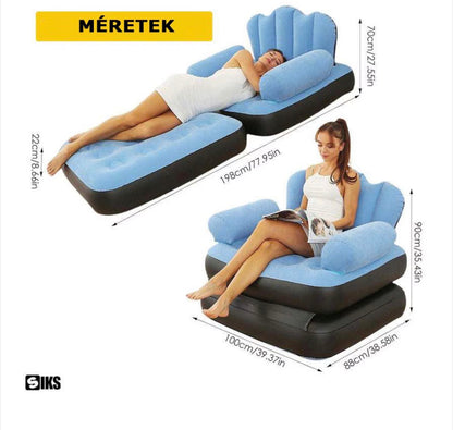 SIKS felfújható fotel és heverő, 2 az 1-ben, Összecsukható, Multifunkcionális, Bársonyos külső, PVC-ből készült, Méretek 100x88x90cm, Vízálló, Pihenésre Beltéri / Kültéri / Medence, Felfújó pumpával, Fekete / Kék