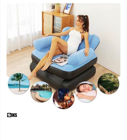 SIKS felfújható fotel és heverő, 2 az 1-ben, Összecsukható, Multifunkcionális, Bársonyos külső, PVC-ből készült, Méretek 100x88x90cm, Vízálló, Pihenésre Beltéri / Kültéri / Medence, Felfújó pumpával, Fekete / Kék