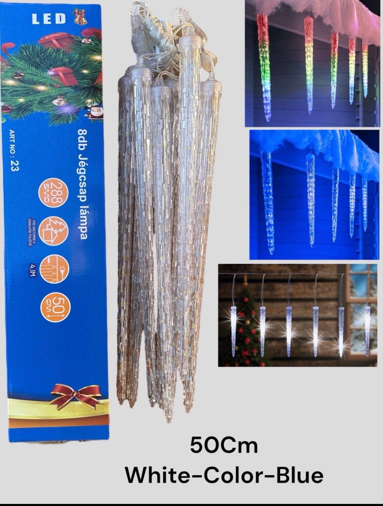 50cm-es jégcsap, kül- és beltéri egymásba kapcsolható led füzér választható színben