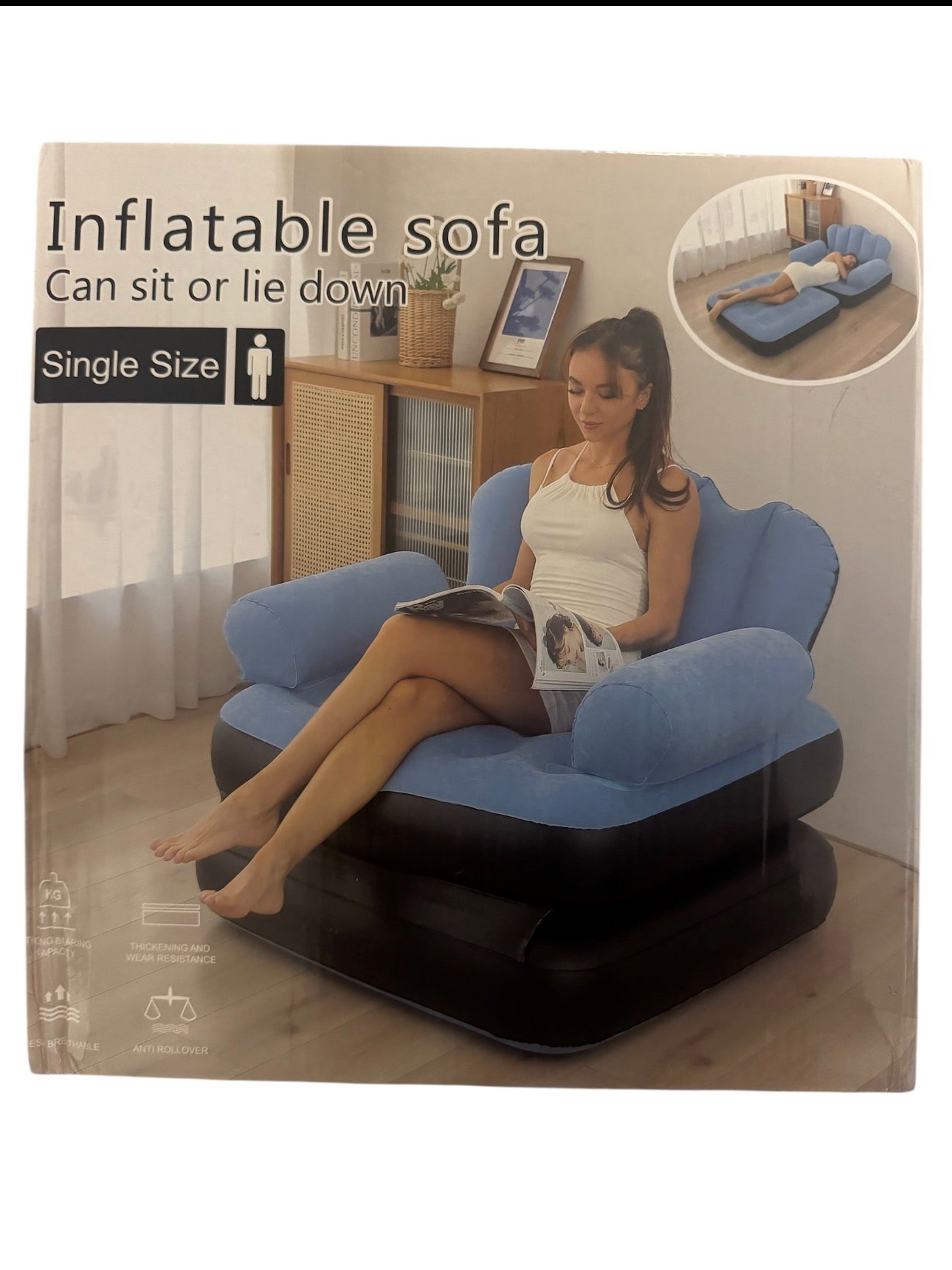 SIKS felfújható fotel és heverő, 2 az 1-ben, Összecsukható, Multifunkcionális, Bársonyos külső, PVC-ből készült, Méretek 100x88x90cm, Vízálló, Pihenésre Beltéri / Kültéri / Medence, Felfújó pumpával, Fekete / Kék