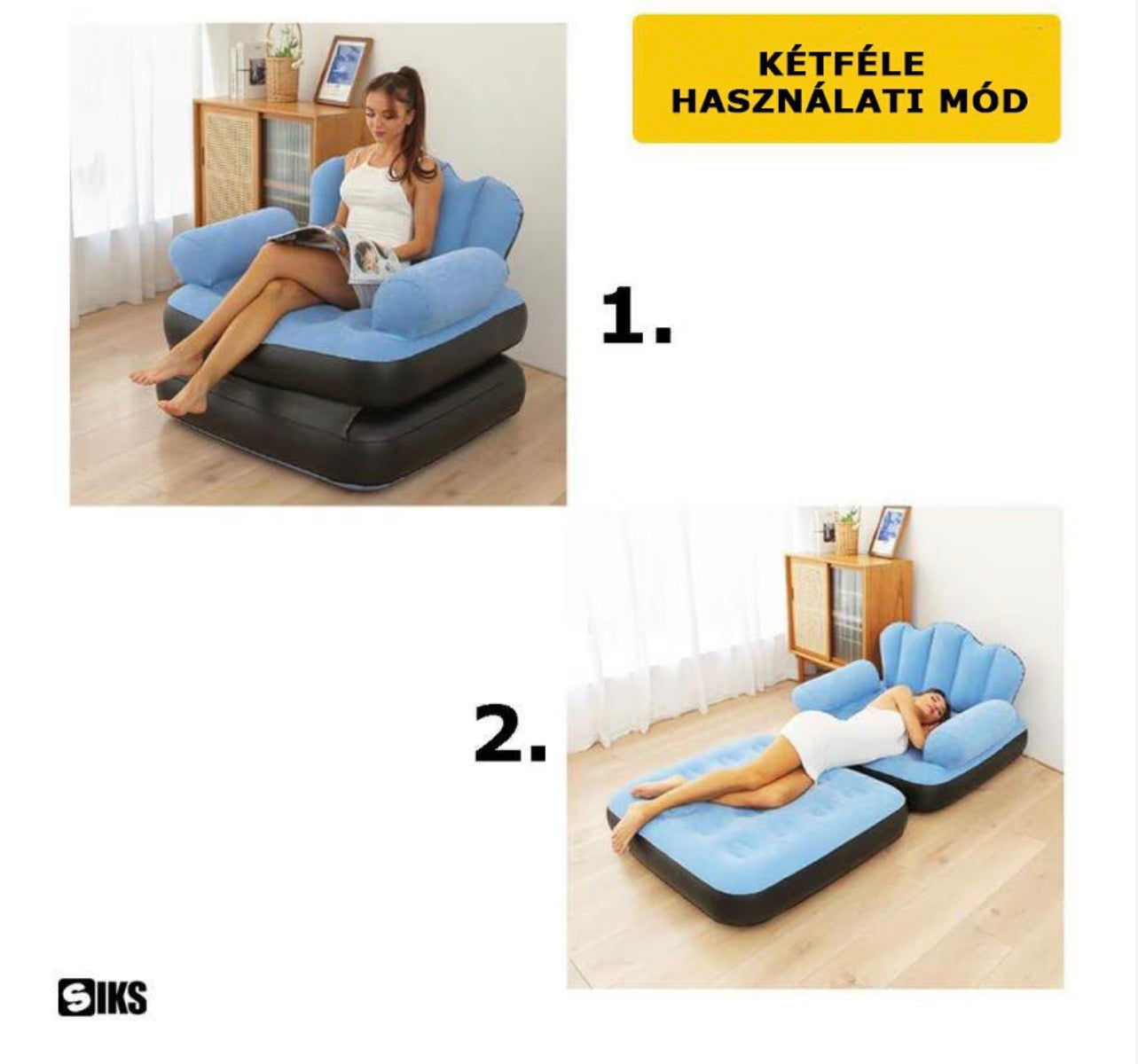 SIKS felfújható fotel és heverő, 2 az 1-ben, Összecsukható, Multifunkcionális, Bársonyos külső, PVC-ből készült, Méretek 100x88x90cm, Vízálló, Pihenésre Beltéri / Kültéri / Medence, Felfújó pumpával, Fekete / Kék