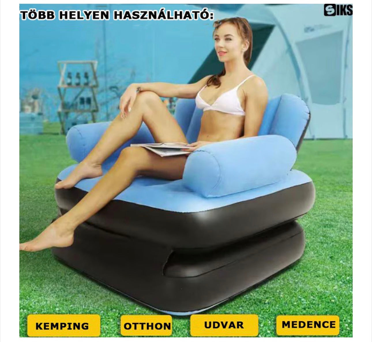 SIKS felfújható fotel és heverő, 2 az 1-ben, Összecsukható, Multifunkcionális, Bársonyos külső, PVC-ből készült, Méretek 100x88x90cm, Vízálló, Pihenésre Beltéri / Kültéri / Medence, Felfújó pumpával, Fekete / Kék