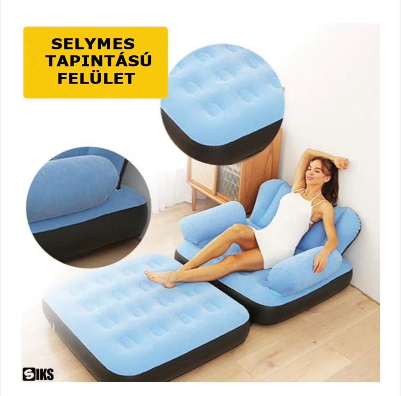 SIKS felfújható fotel és heverő, 2 az 1-ben, Összecsukható, Multifunkcionális, Bársonyos külső, PVC-ből készült, Méretek 100x88x90cm, Vízálló, Pihenésre Beltéri / Kültéri / Medence, Felfújó pumpával, Fekete / Kék