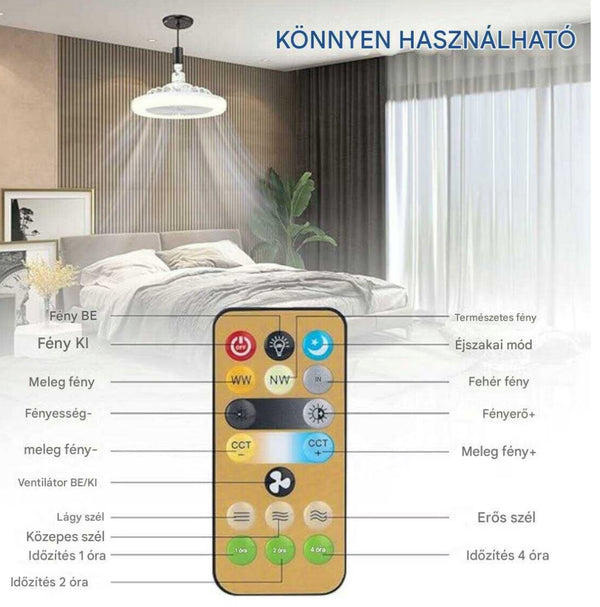 Ultra-csendes Multifunkciós Szabályozható LED Ventilátor Lámpa E27 Foglalattal és Távirányítóval (Ø 24 cm, 21W, 5 Lapátos Erős Légáram)