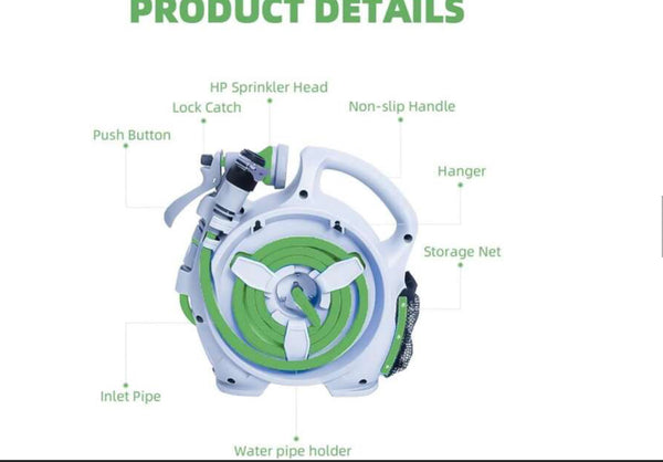 Universális Hordozható kerti tömlő és tömlőtartó 15 Méter 6 funkciós locsolófejjel