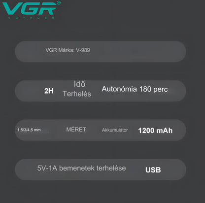Professzionális VGR V-989 nyírógép, szakállkontúrhoz és testhez, LED-kijelző, akkumulátorral, rozsdamentes acél pengék, speciális többféle sebesség a vágáshoz és kontúrozáshoz, 3 rács 1,5 mm-es 3 mm-es 4,5 mm-es, USB-töltés, tisztítókefe és olaj, arany