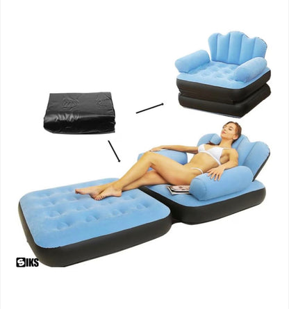 SIKS felfújható fotel és heverő, 2 az 1-ben, Összecsukható, Multifunkcionális, Bársonyos külső, PVC-ből készült, Méretek 100x88x90cm, Vízálló, Pihenésre Beltéri / Kültéri / Medence, Felfújó pumpával, Fekete / Kék