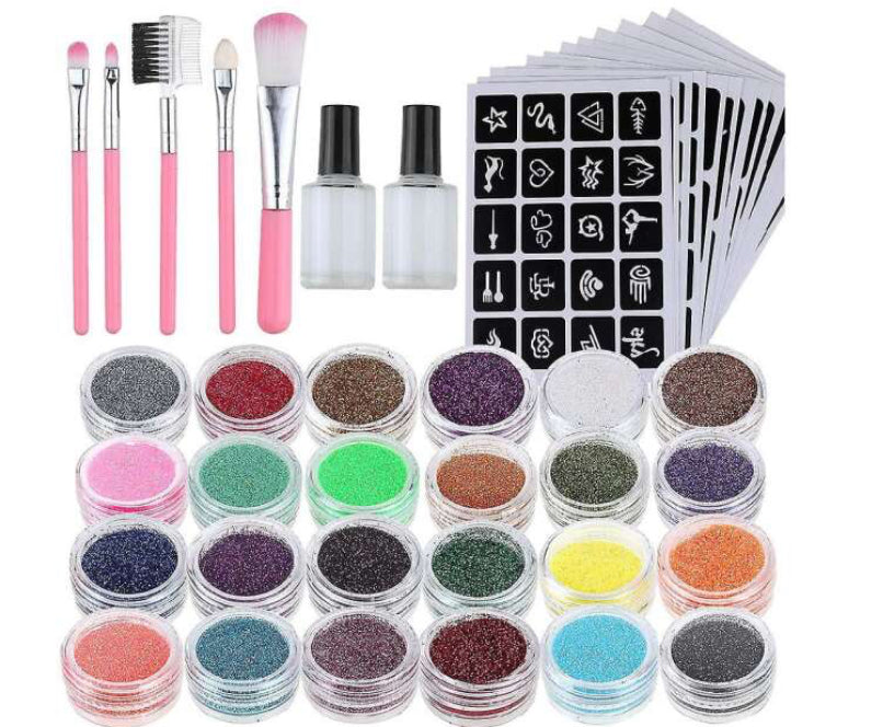 Glitter tattoos kit - 24 db színes csillámporral, rengeteg felragasztható sablonnal, ecsetekkel és ragasztókkal