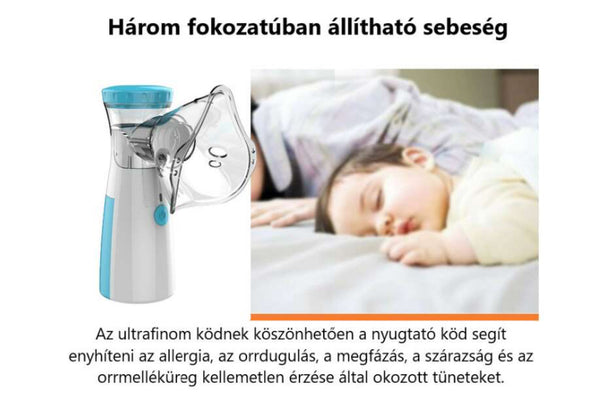 Hordozható ultrahangos inhalátor, csendes technológia, 3 fokozatba állítható porlasztó, gyerekeknek és felnőtteknek, fehér/kék
