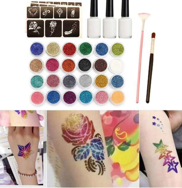 Glitter tattoos kit - 24 db színes csillámporral, rengeteg felragasztható sablonnal, ecsetekkel és ragasztókkal