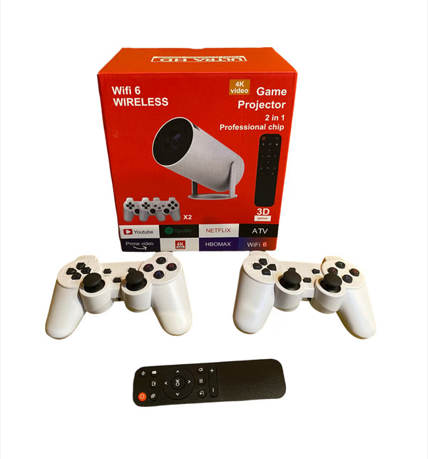 Játékkonzol videoprojektorral, 4k, távirányítóval, WiFi, bluetooth, automatikus képjavítás, beépített hangszóró, HDMI, USB, fehér