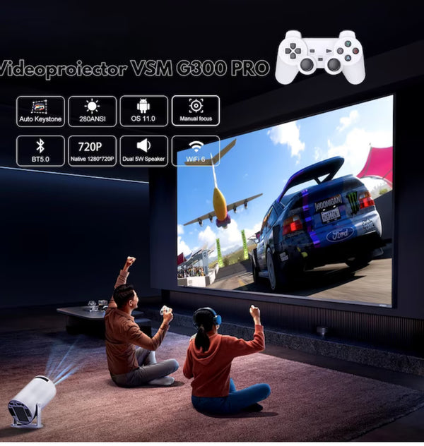 Játékkonzol videoprojektorral, 4k, távirányítóval, WiFi, bluetooth, automatikus képjavítás, beépített hangszóró, HDMI, USB, fehér