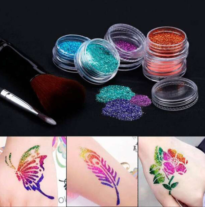 Glitter tattoos kit - 24 db színes csillámporral, rengeteg felragasztható sablonnal, ecsetekkel és ragasztókkal