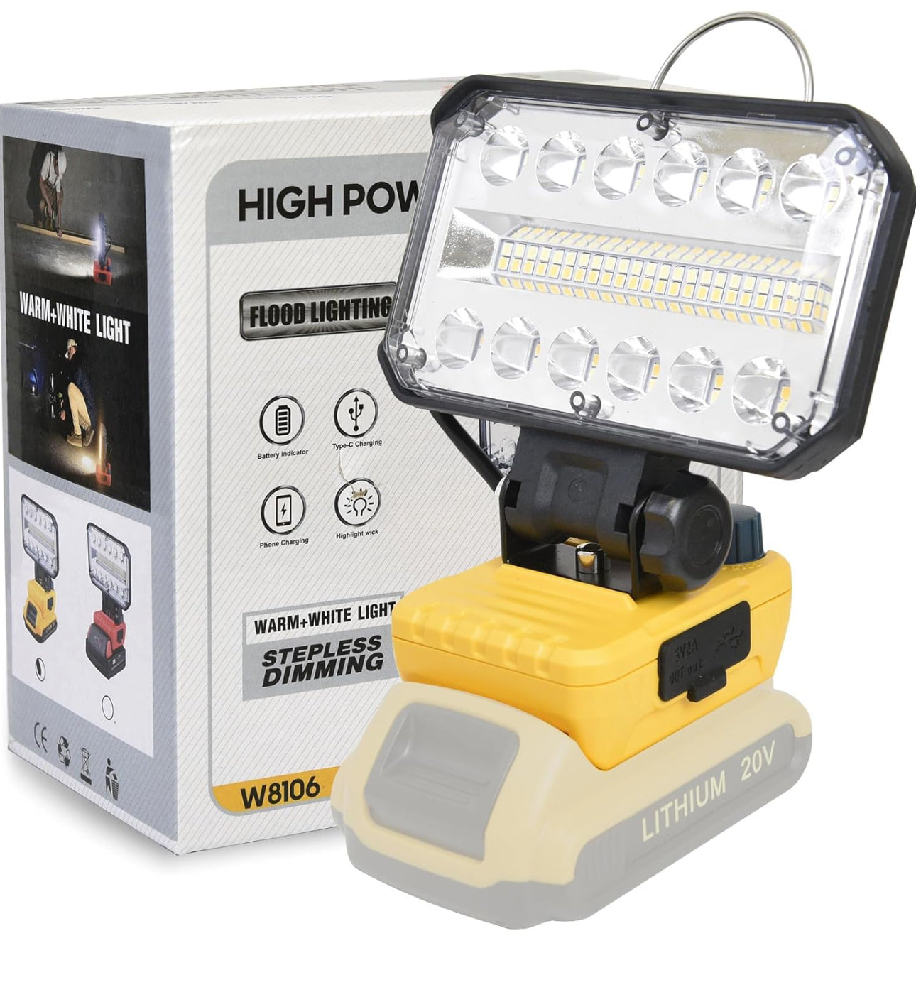 Vezeték nélküli LED-es munkafény a Dewalt 20v akkumulátorral, 20V-os zseblámpa a Dewalt fényhez, 30W 3600LM hordozható LED-es áradat munkafény USB és C típusú töltővel