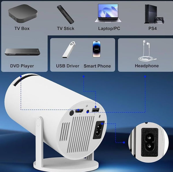 Játékkonzol videoprojektorral, 4k, távirányítóval, WiFi, bluetooth, automatikus képjavítás, beépített hangszóró, HDMI, USB, fehér