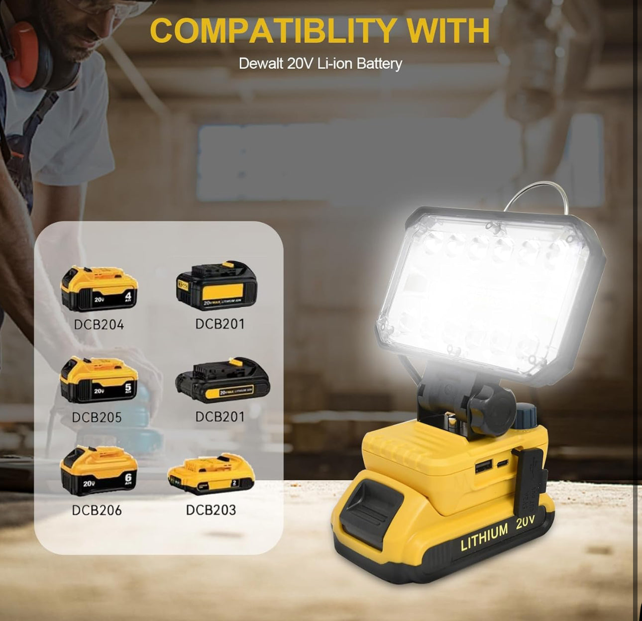 Vezeték nélküli LED-es munkafény a Dewalt 20v akkumulátorral, 20V-os zseblámpa a Dewalt fényhez, 30W 3600LM hordozható LED-es áradat munkafény USB és C típusú töltővel