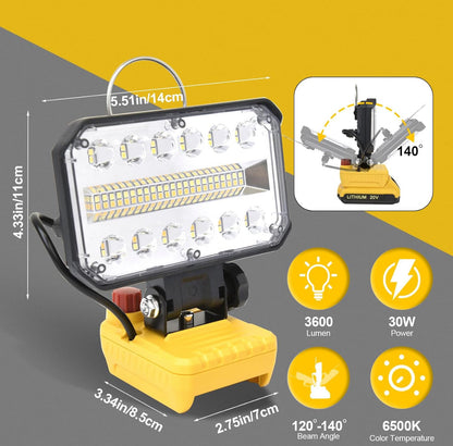 Vezeték nélküli LED-es munkafény a Dewalt 20v akkumulátorral, 20V-os zseblámpa a Dewalt fényhez, 30W 3600LM hordozható LED-es áradat munkafény USB és C típusú töltővel