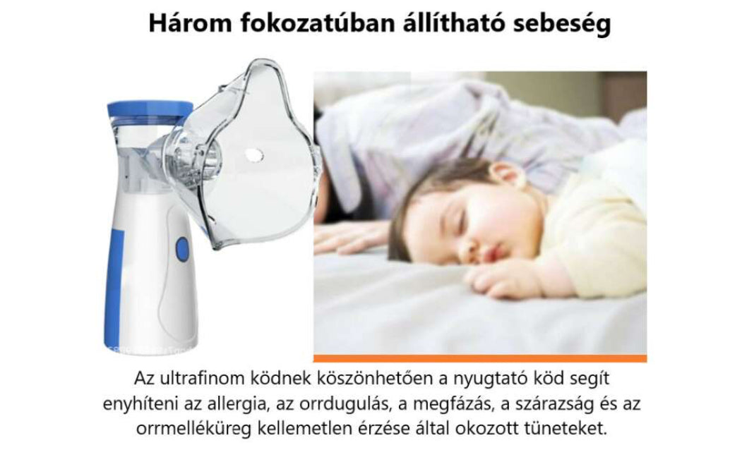 Hordozható ultrahangos inhalátor, csendes technológia, 3 fokozatba állítható porlasztó, gyerekeknek és felnőtteknek, fehér/kék