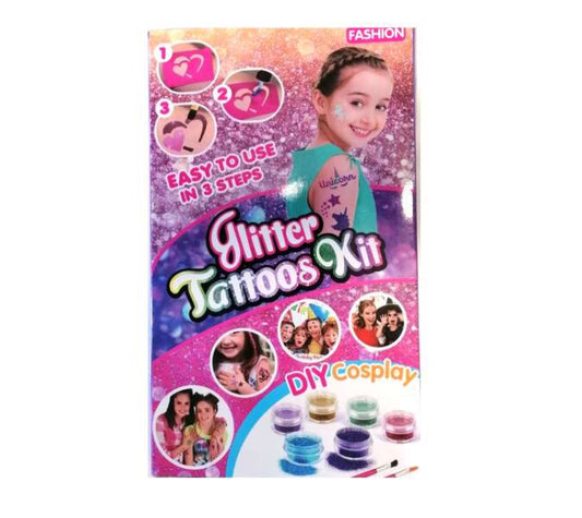 Glitter tattoos kit - 24 db színes csillámporral, rengeteg felragasztható sablonnal, ecsetekkel és ragasztókkal