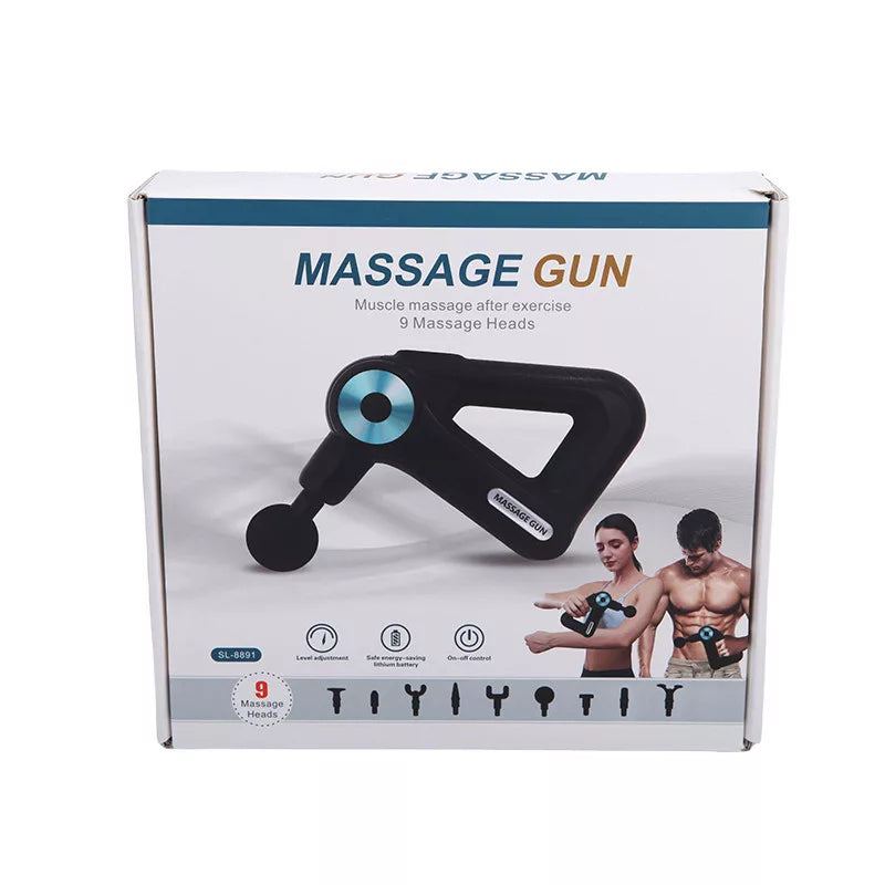 Massage Gun SL 8891 - masszírozó gép, feltölthető akkumulátorral, LED-es, 9 féle fejjel, sinte bármilyen ponton képes masszírozni.