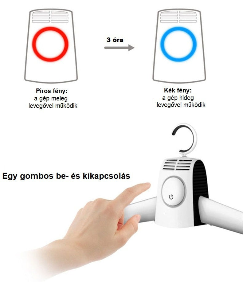 Hordozható elektromos szárító vállfa – ruhaszárító fogas 3 fúvófejjel, cipőszárító adapterrel